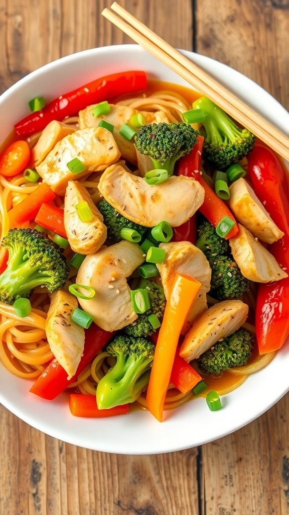 Delicious Chicken Yum Yum Noodles A bowl of Chicken Yum Yum Noodles with chicken, vegetables, and sesame seeds, served with chopsticks.